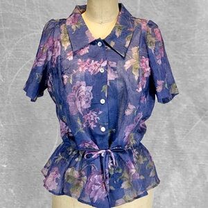 VINTAGE‎ 90s violet purple sheer blouse button down peplum ruffle tie waist XL